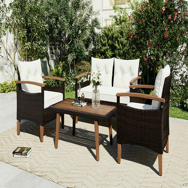 Kadyn 4-Piece Patio Seating Set, Patio Furniture Set, Patio Furniture Set, Wicker Garden Furniture with Wood Table and Legs, PE Rattan Outdoor Sofa Set for Balcony, Beige