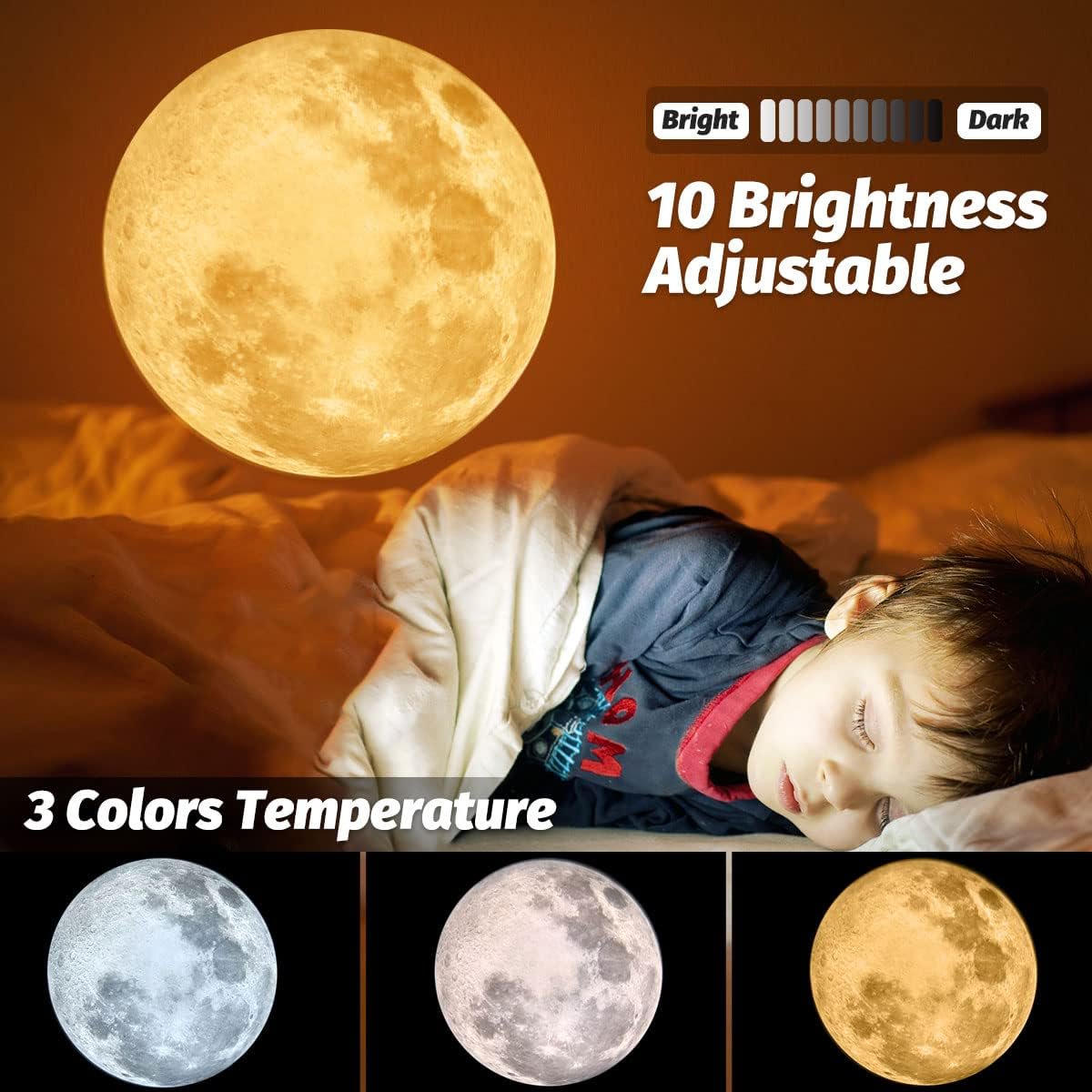Tattom Upgrade Non-Fade Moon Projector Night Light, USB Charging Moon Lamp with 3 Lighting Colors, Angle Bendable Brightness Adjustable Moon Atmosphere Projector