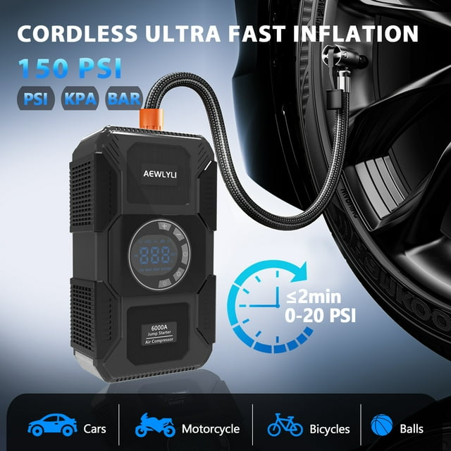 AEWLYLI Car Jump Starter, 6000A Battery Jump Starter with Air Compressor(for All Gas or Diesel Engine), 12V Auto Battery Booster w/ LCD Display, 150PSI Tire Inflator, Flashlight, USB Quick Charge