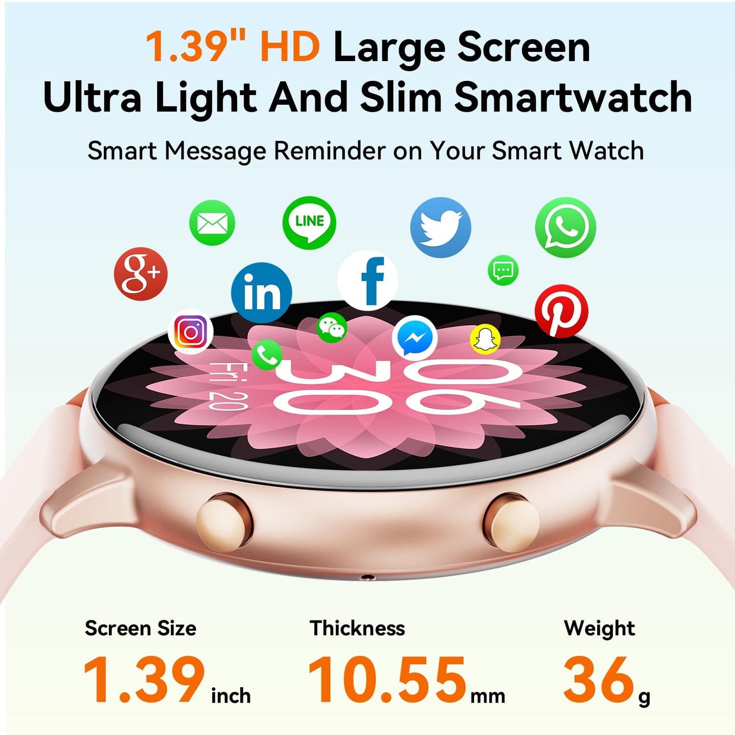 Mingwear 1.39-inch Women's Smartwatch, Receive/Dial Calls, Fitness Tracker with 100+ Exercise Modes, Message Alerts, for Android and IPhone Devices (Pink)