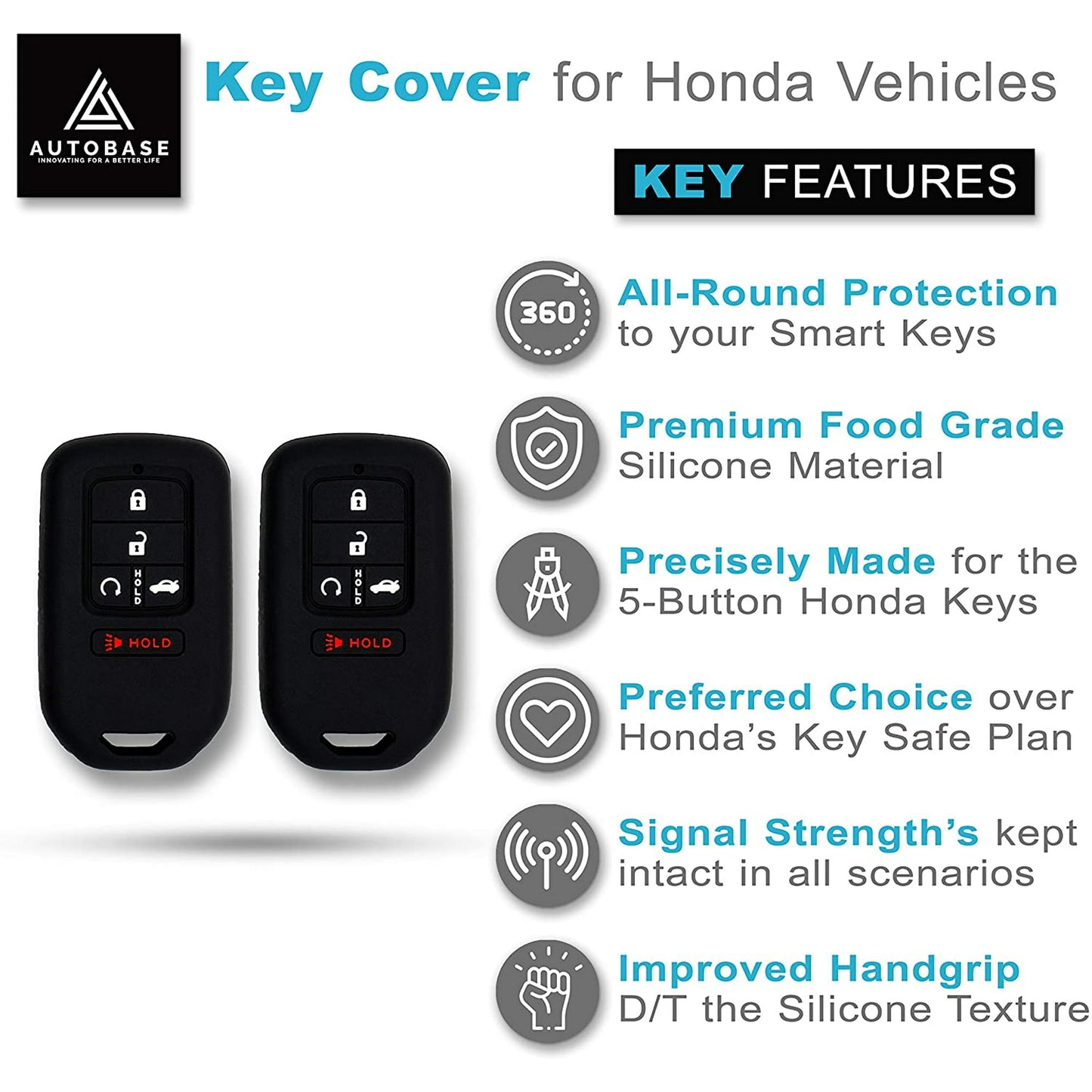 Autobase Silicone Key Fob Cover for Honda Accord Civic CR-V CRV Pilot Passport Insight EX EX-L Touring | Car Accessory | Key Protection Case - 2 Pcs (Black)