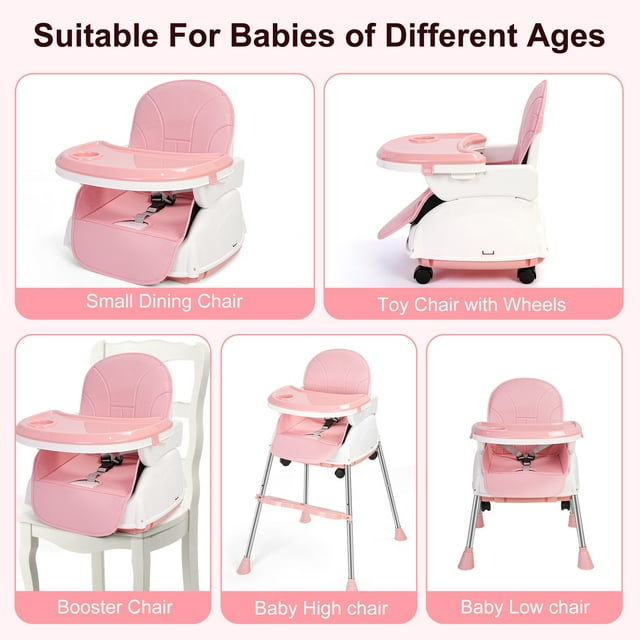 Vipuse Baby High Chair,5-in-1 Convertible Highchair for Babies and Toddlers with 3-Point Seat Belt,Double-layer Dinner Plate,Baby Seat for Walk,Pink