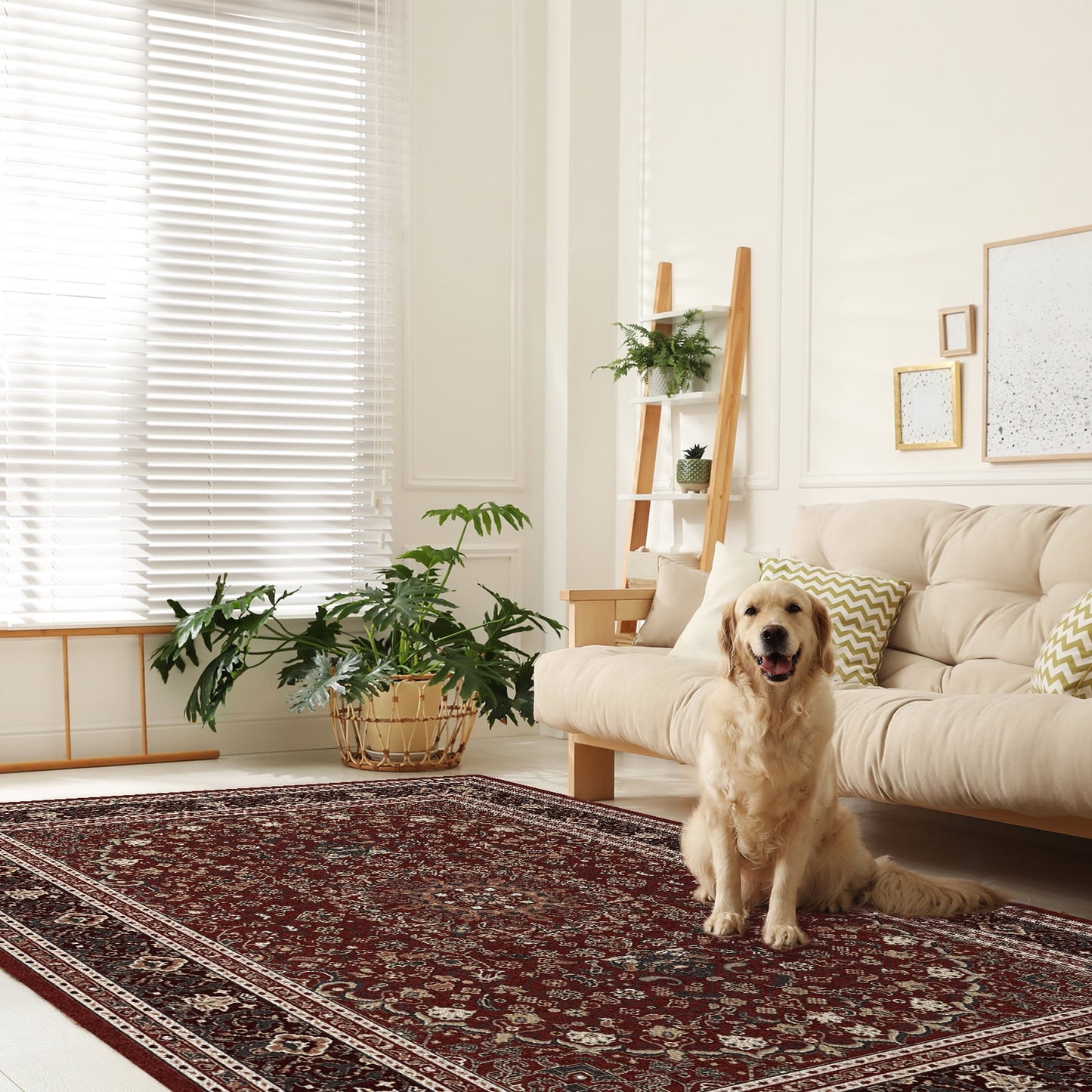 Pentantan 5'x7' Area Rug for Living Room, Red Retro Style Washable Rug with Anti-Slip Backing