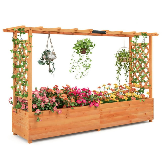 Yardi Yard Raised Garden Bed with Side Trellis Hanging Roof and Planter Box-Orange, Raised Garden Bed for Patio or Yard Gardening