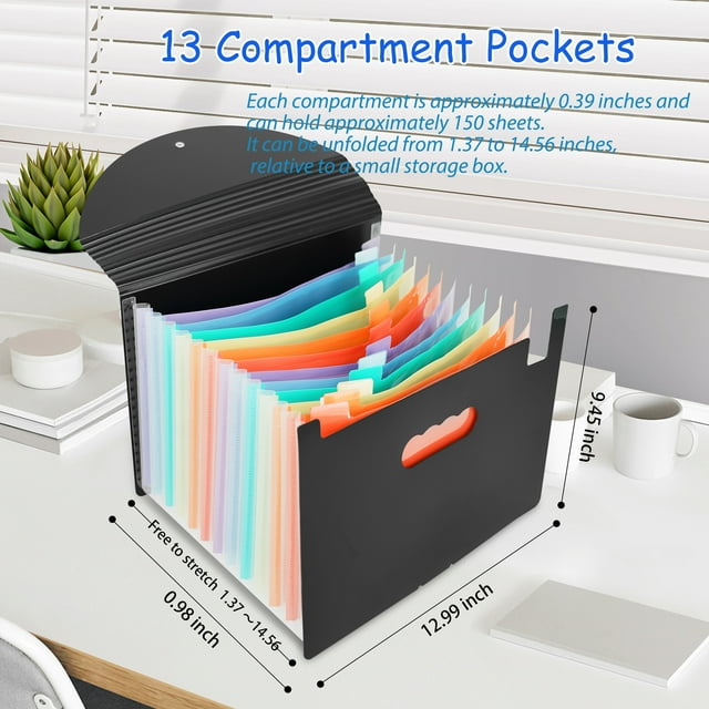 Qissep 13 Pockets Accordion File Organizer,Expandable Desktop File Folder Organizer,with Colorful Tabs,for Home and Office,Letter/A4 Size