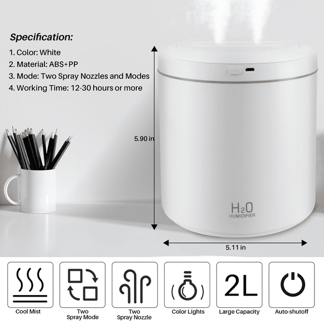 VIIWII 2L Ultrasonic Cool Mist Humidifier for Room Air Vaporizers and Humidifier for Baby, White