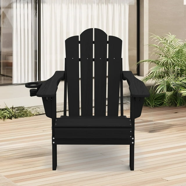 Three-position Adjustable Backrest Folding Adirondack Chair W/ Cup Holder, HDPE Weather Resistant Outdoor Patio Chair, Black(1PC)