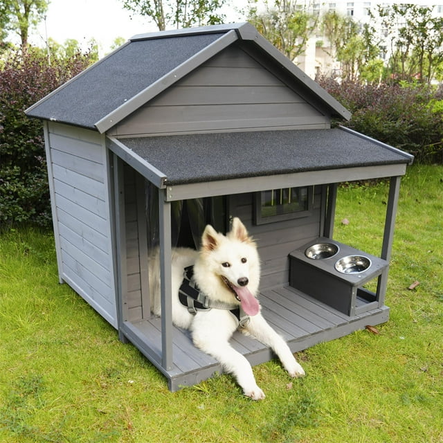 Pefilos 44" Outdoor Dog House, Waterproof Puppy Shelter Indoor Doghouse with Elevated Floor, Kennel for Small Medium Dogs with Cleaning Mat, Gray