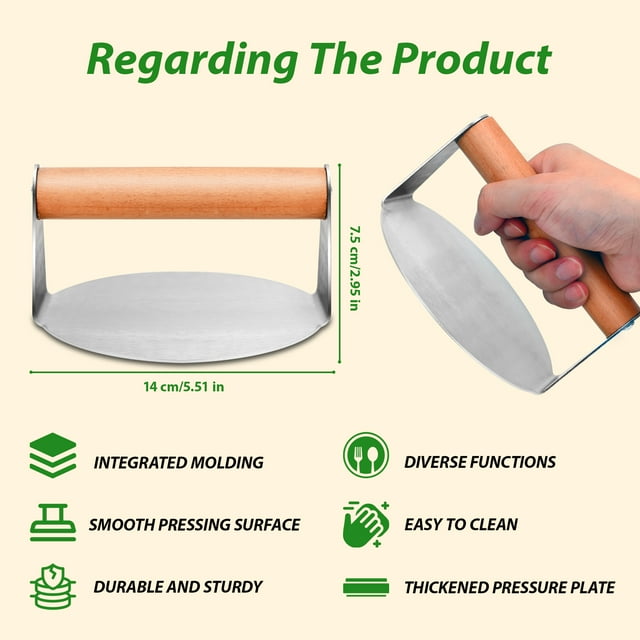 Qissep 5.5 inch Round Non-Stick Stainless Steel Burger Smasher,Wooden Handle,for Kitchen Cooking,Grilling