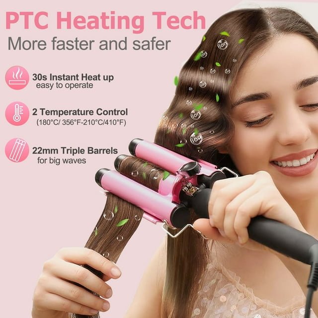 Morfone 3 Jumbo Barrel Curling Iron Wand 22mm Hair Waver Temperature Adjustable Ceramic Big Waves Hair Crimper (Pink)