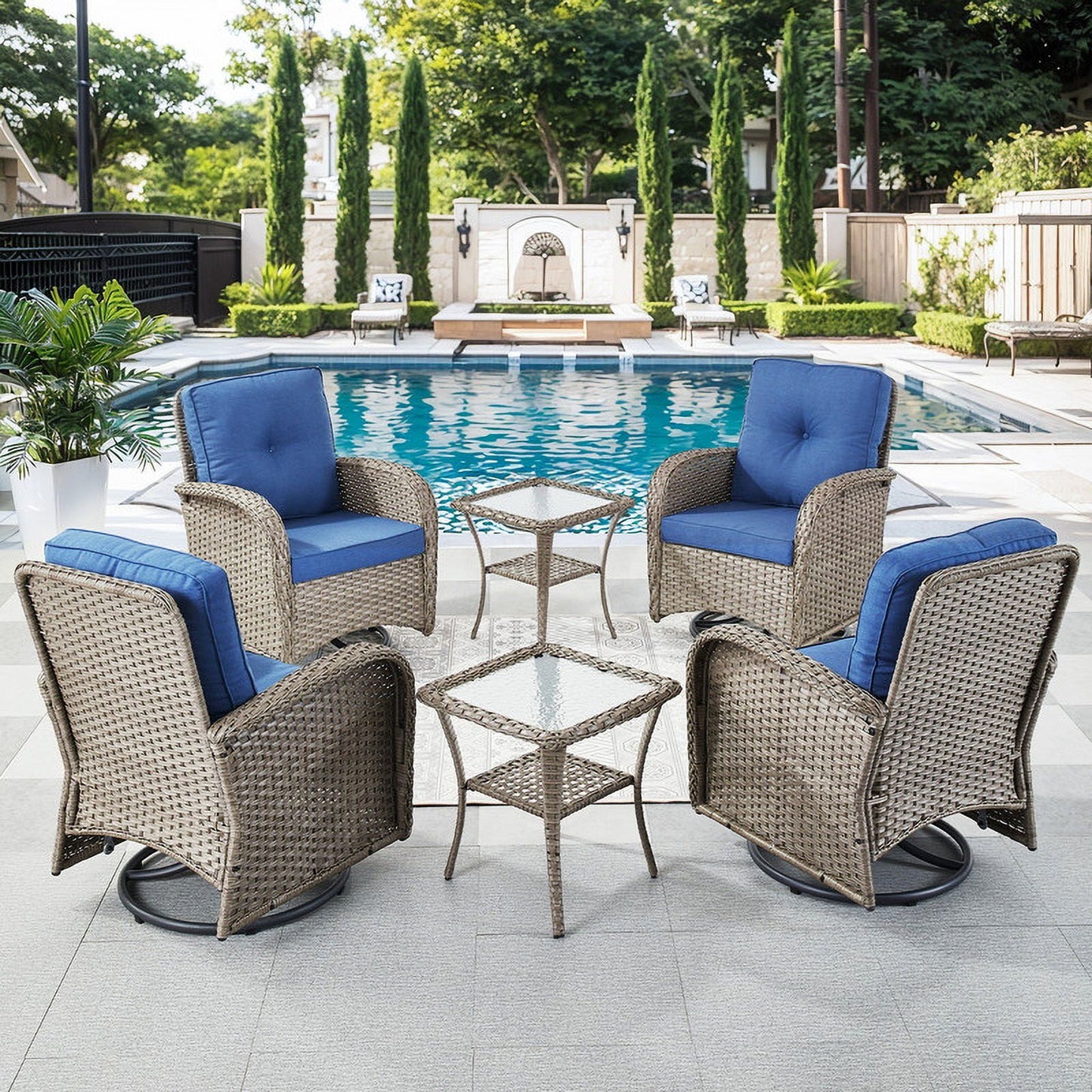 PARKWELL Outdoor Swivel Glider Chair Set of 4, Patio High Back Swivel Rocker Lounge Arm Chair for Balcony Yard,Gray Wicker Deep Seat Furniture with Navy Cushion
