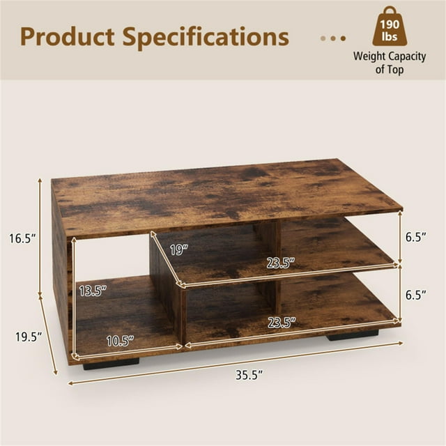 Finihen 3-Piece Industrial Coffee Table Set, Rectangular Coffee Table with L-shaped Middle Shelf & 2 Modern Nightstands with 2 Flip Drawers and Open Shelf, for Living Room, Brown