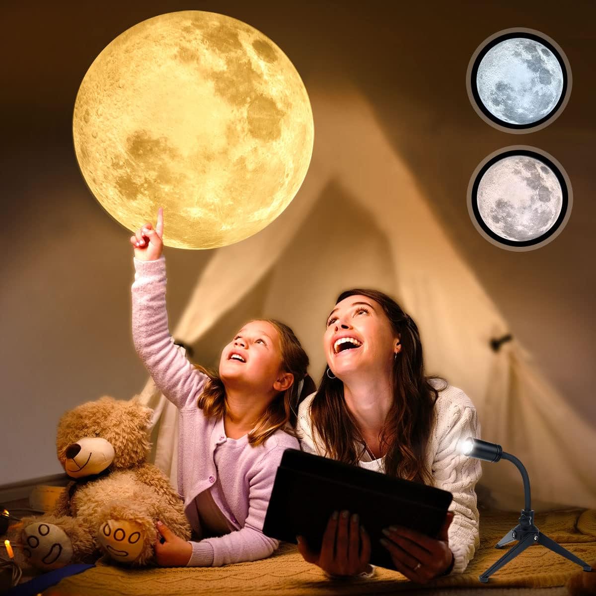 Tattom Upgrade Non-Fade Moon Projector Night Light, USB Charging Moon Lamp with 3 Lighting Colors, Angle Bendable Brightness Adjustable Moon Atmosphere Projector