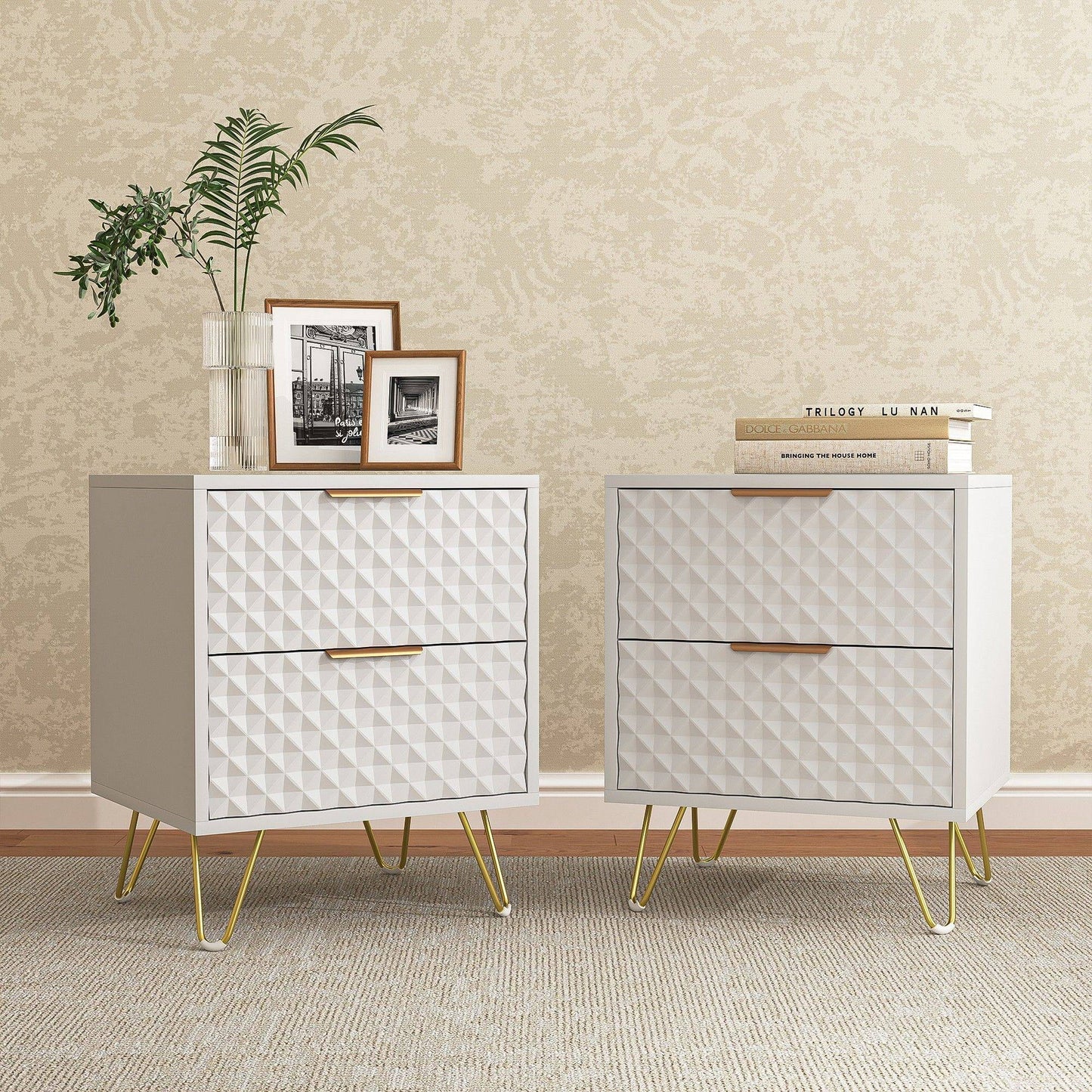 2 Drawer Bedroom Nightstand Set of 2 with Gold Metal Handle and Legs, White Bedside Table
