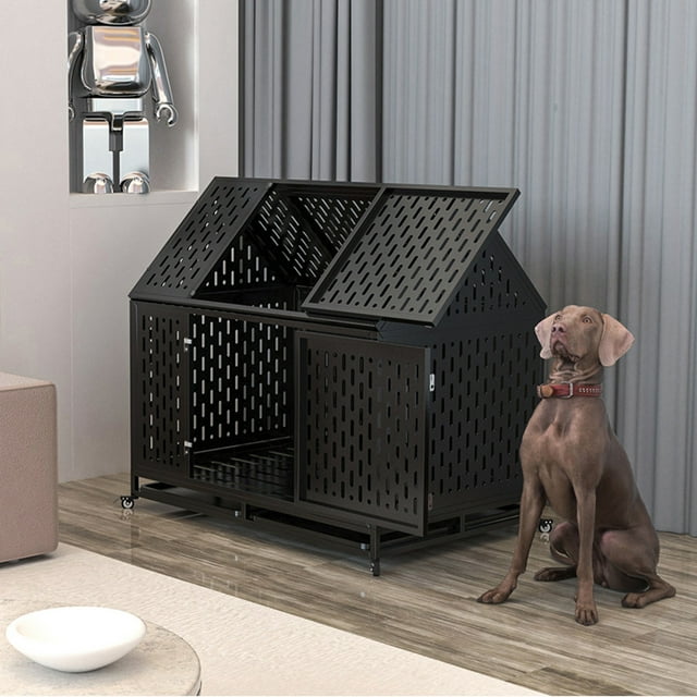 Pefilos 45" Heavy Duty Metal Dog Crate with 4 Universal Wheels, Dog Kennel for High Anxiety Large/Extra Dogs, Indoor Large Dog Cage, Black
