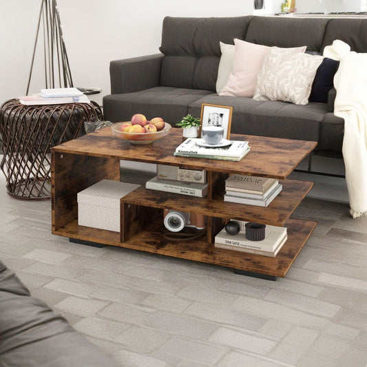 Finihen 3-Piece Industrial Coffee Table Set, Rectangular Coffee Table with L-shaped Middle Shelf & 2 Modern Nightstands with 2 Flip Drawers and Open Shelf, for Living Room, Brown