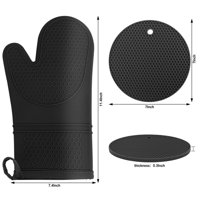 SUGARDAY Silicone Oven Mitts and Pot Holder Sets Hot Pads for Kitchen Oven Gloves Heat Resistant, Pack of 4(Black)