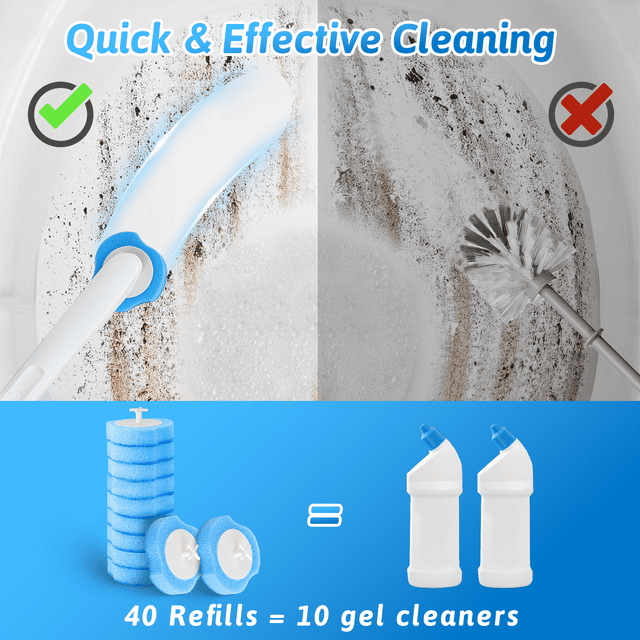 SUGARDAY Disposable Toilet Bowl Brush Cleaner 1 Pack with 40 Toilet Refills