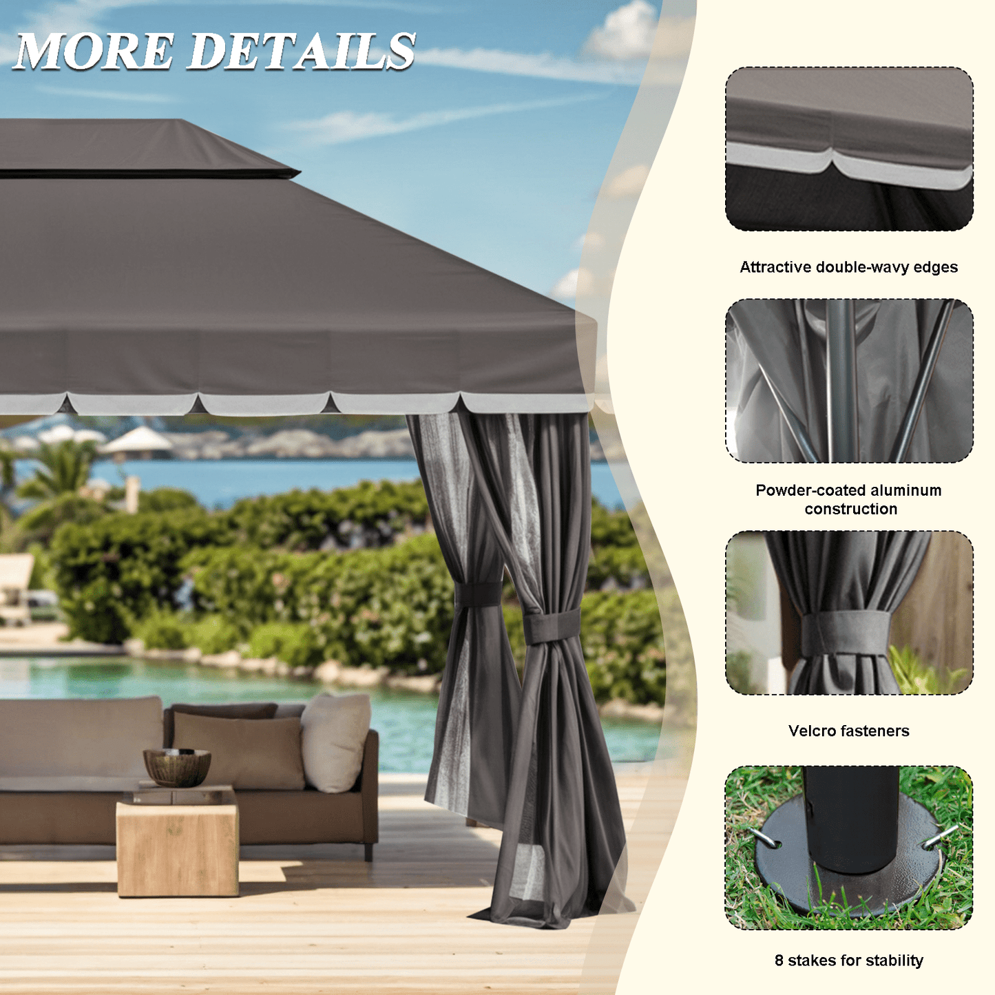 Grezone 10×13 FT Deluxe No Screws\ Gazebo,Double Roof Outdoor Shelter Tent with Mosquito Nettings and Privacy Screens
