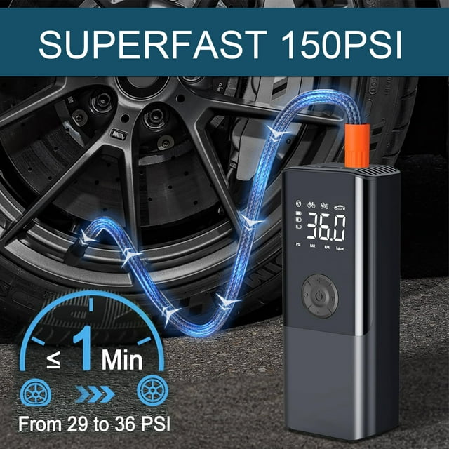 AOMBOO Tire Inflator Portable Air Compressor, for Car Tires with Automatic Shutoff, 150 PSI Digital Pressure Gauge, Emergency LED Light, Cordless and Compact Automotive Pump, Black
