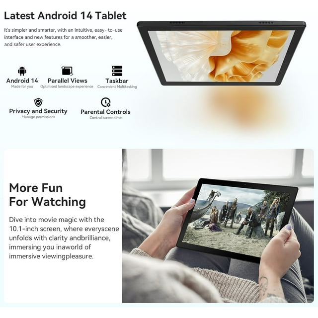 Android 14 Tablet with Rechargeable Stereo Speaker Audio Base, 10 inch Tablet with HD IPS Touch Screen, Otca-Core, 14GB RAM 64GB ROM 1T Expand, Wi-Fi 6, BT 5.3, Dual Camera, Google Tablet