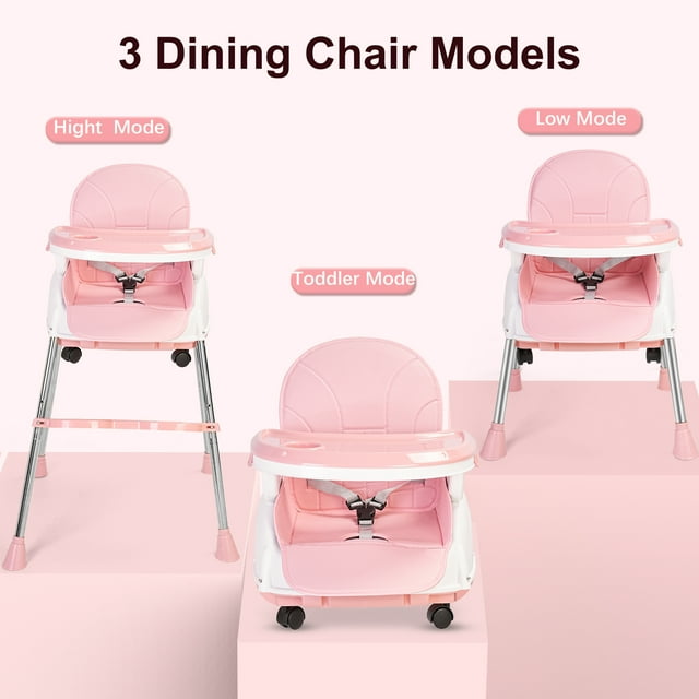 Vipuse Baby High Chair,5-in-1 Convertible Highchair for Babies and Toddlers with 3-Point Seat Belt,Double-layer Dinner Plate,Baby Seat for Walk,Pink