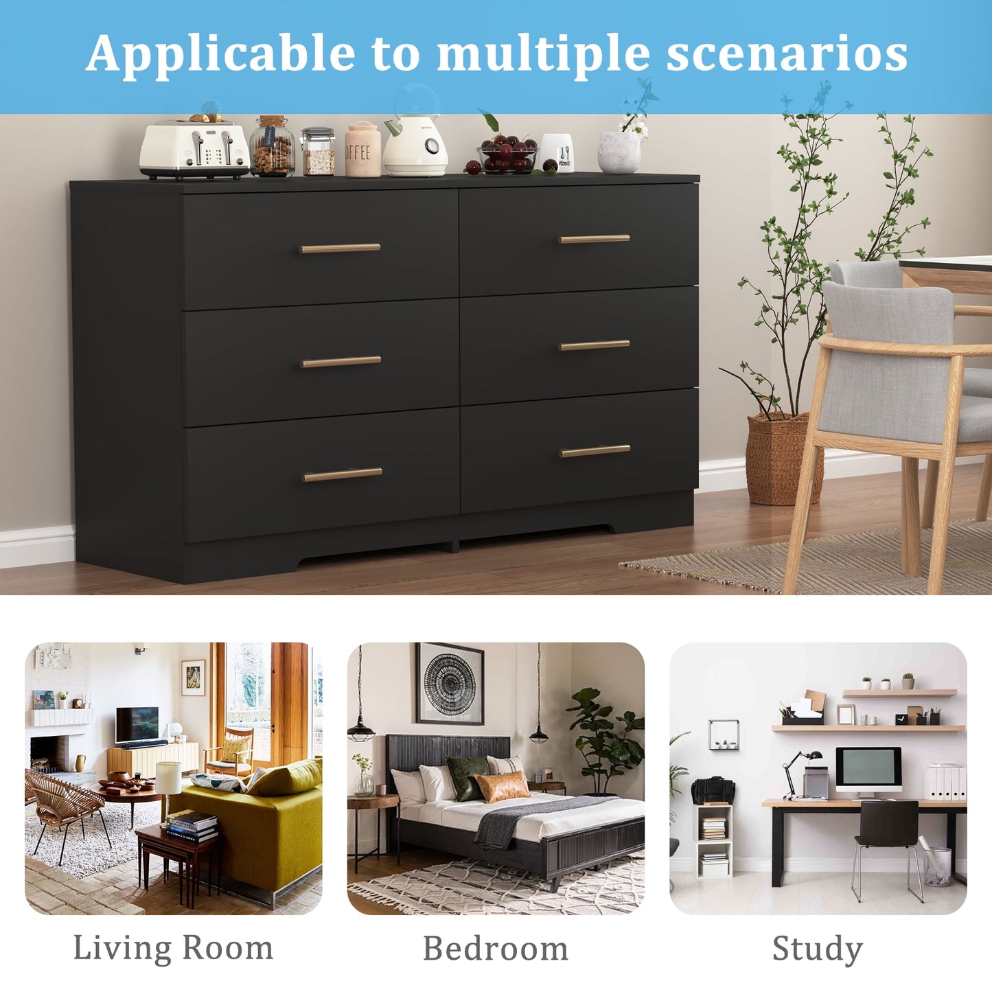 YYAo Wooden 6 Drawer Dresser, Large Modern Chest of 6 Drawers Night Table, TV Stand for 55" TV for Bedroom, Closet, Living Room, Black
