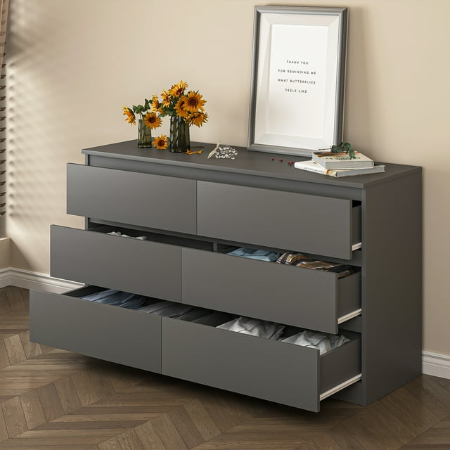 Resenkos Modern Mid Century 6 Drawer Wide Dressers Chests for Bedroom, Chest of Drawer Organizer Grey