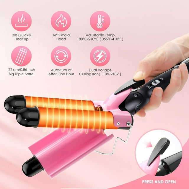 Morfone 3 Jumbo Barrel Curling Iron Wand 22mm Hair Waver Temperature Adjustable Ceramic Big Waves Hair Crimper (Pink)