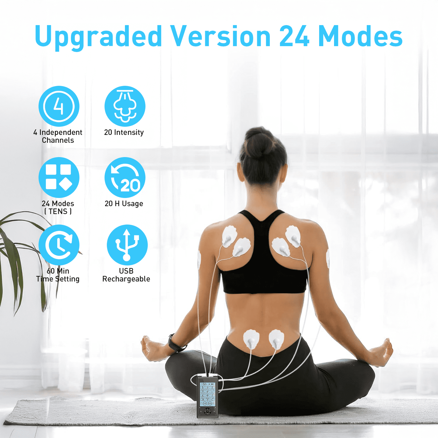 Four Channel TENS Unit Muscle Stimulator - 24 Modes EMS Massage Machine with 20 Intensities for Shoulder Back, Rechargeable Electronic Pulse Massager with 16 TENS Pads