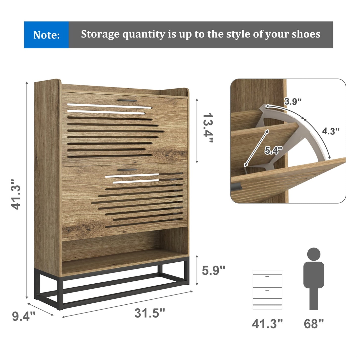 Hommoo Shoe Storage Cabinet, Freestanding Organizer with 2 Flip Drawers, Shoe Rack Multifunctional Cabinet for Entryway ,Brown