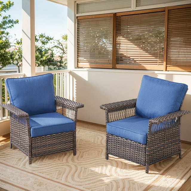 PARKWELL Outdoor Wicker Cushioned Lounge Chair Set of 2, Outdoor Seating Set for Backyard, Poolside, Balcony, Indoor Use w/Seagull-Shaped Armrests,Navy
