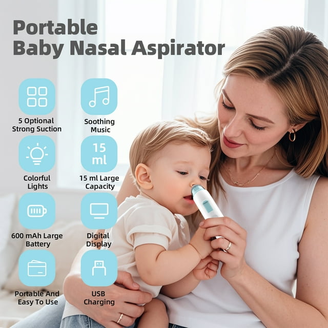 Electric Nasal Aspirator for Baby - Nose Aspirator for Toddlers, Nose Sucker with 3 Silicone Tips, 5 Adjustable Suction Levels, Music and Light Soothing Function - Baby Snot Sucker