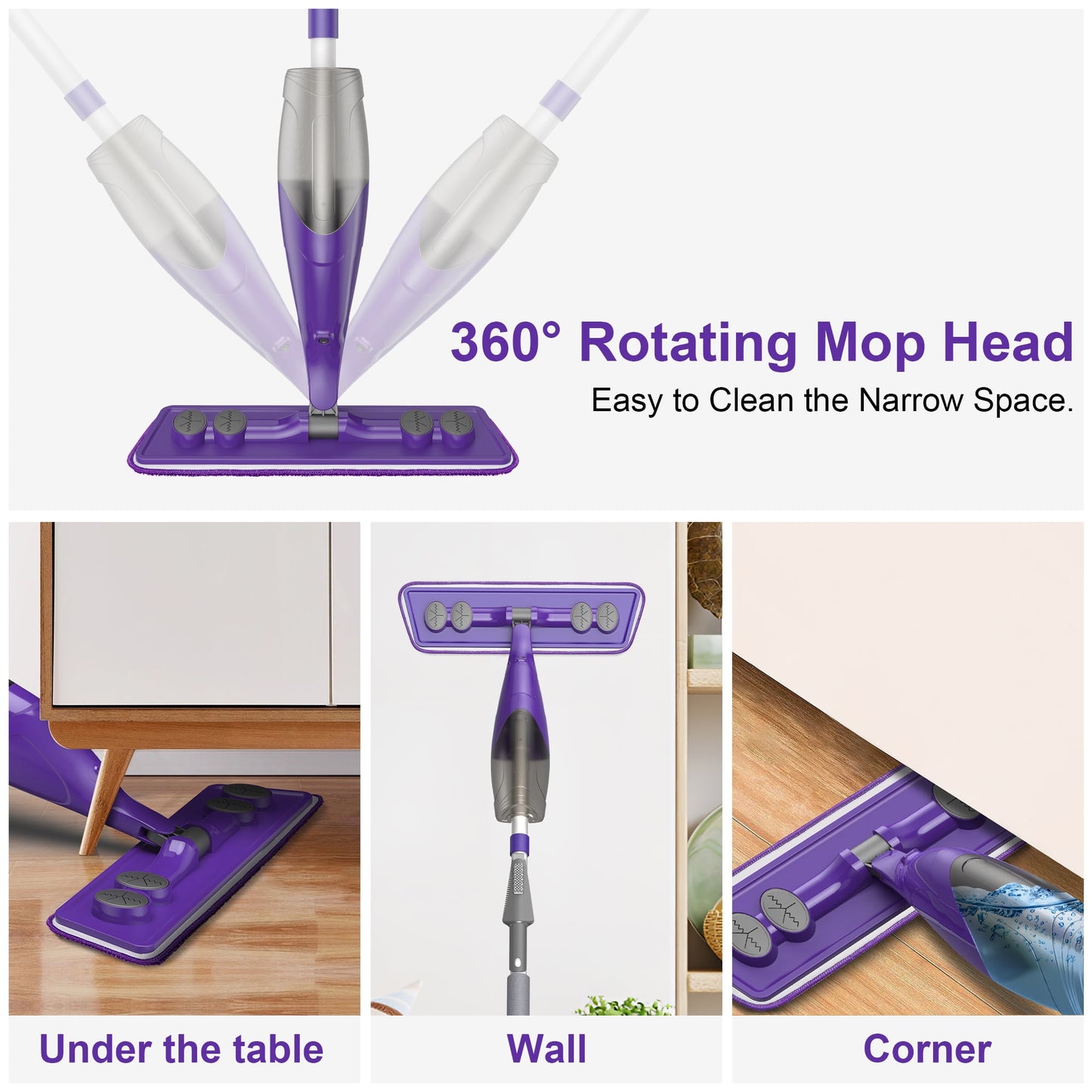 SUGARDAY Spray Mop for Floor Cleaning Wet Mop with Refillable Bottle and 3 Washable Microfiber Pads Home Commercial Use, Purple