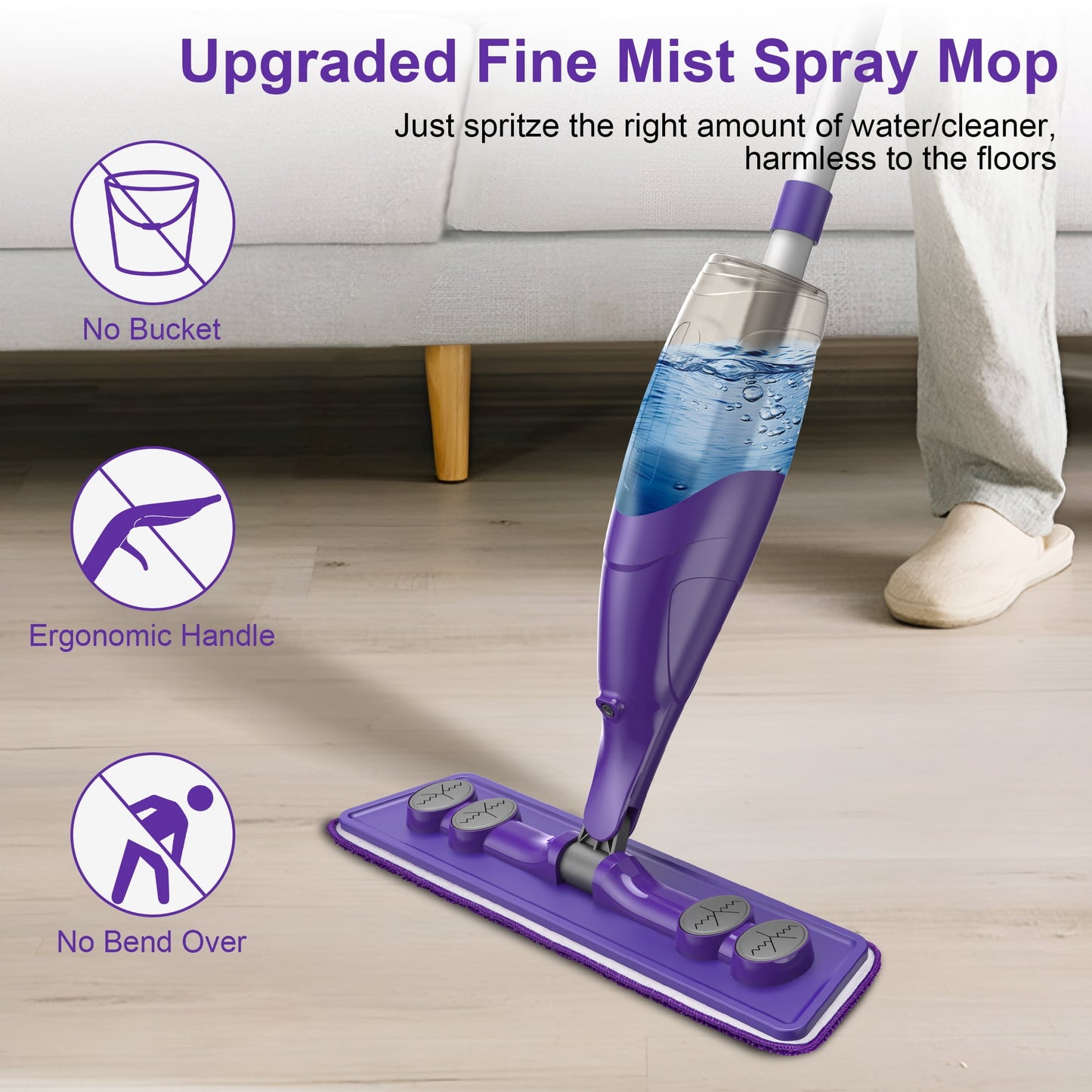 SUGARDAY Spray Mop for Floor Cleaning Wet Mop with Refillable Bottle and 3 Washable Microfiber Pads Home Commercial Use, Purple