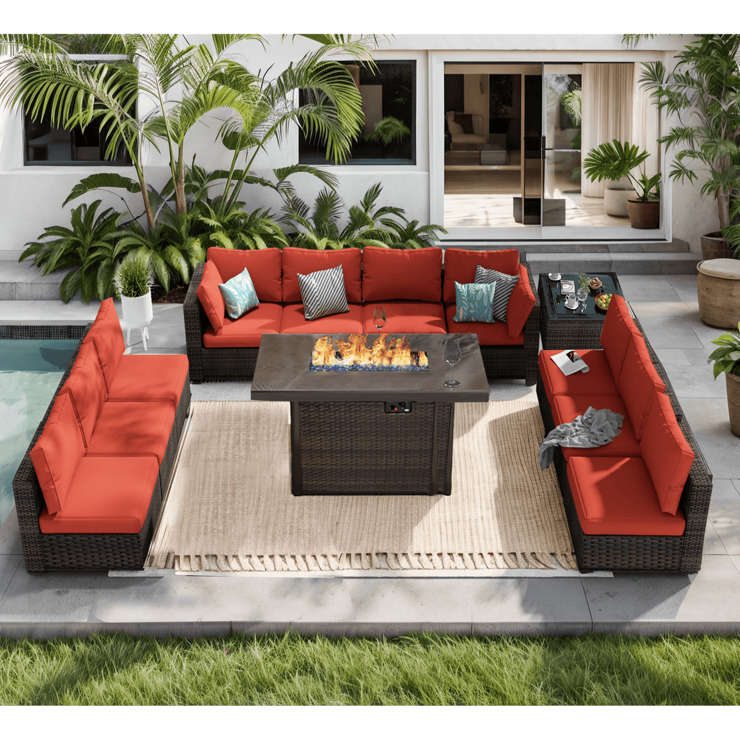 Grezone Outdoor Garden 12 Piece Patio Furniture with 43" 55000BTU Gas Propane Fire Pit Table Rattan Wicker Sectional Set, Red