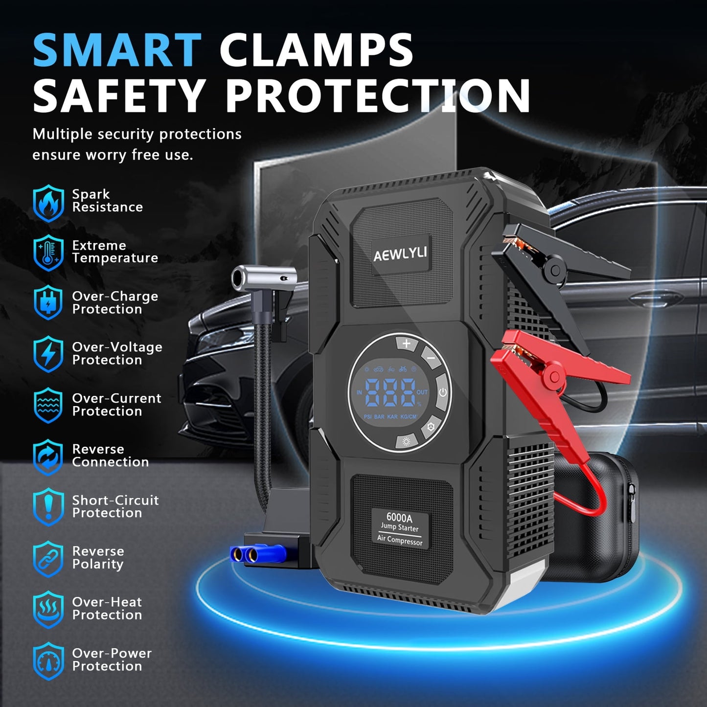 AEWLYLI Car Jump Starter, 6000A Battery Jump Starter with Air Compressor(for All Gas or Diesel Engine), 12V Auto Battery Booster w/ LCD Display, 150PSI Tire Inflator, Flashlight, USB Quick Charge