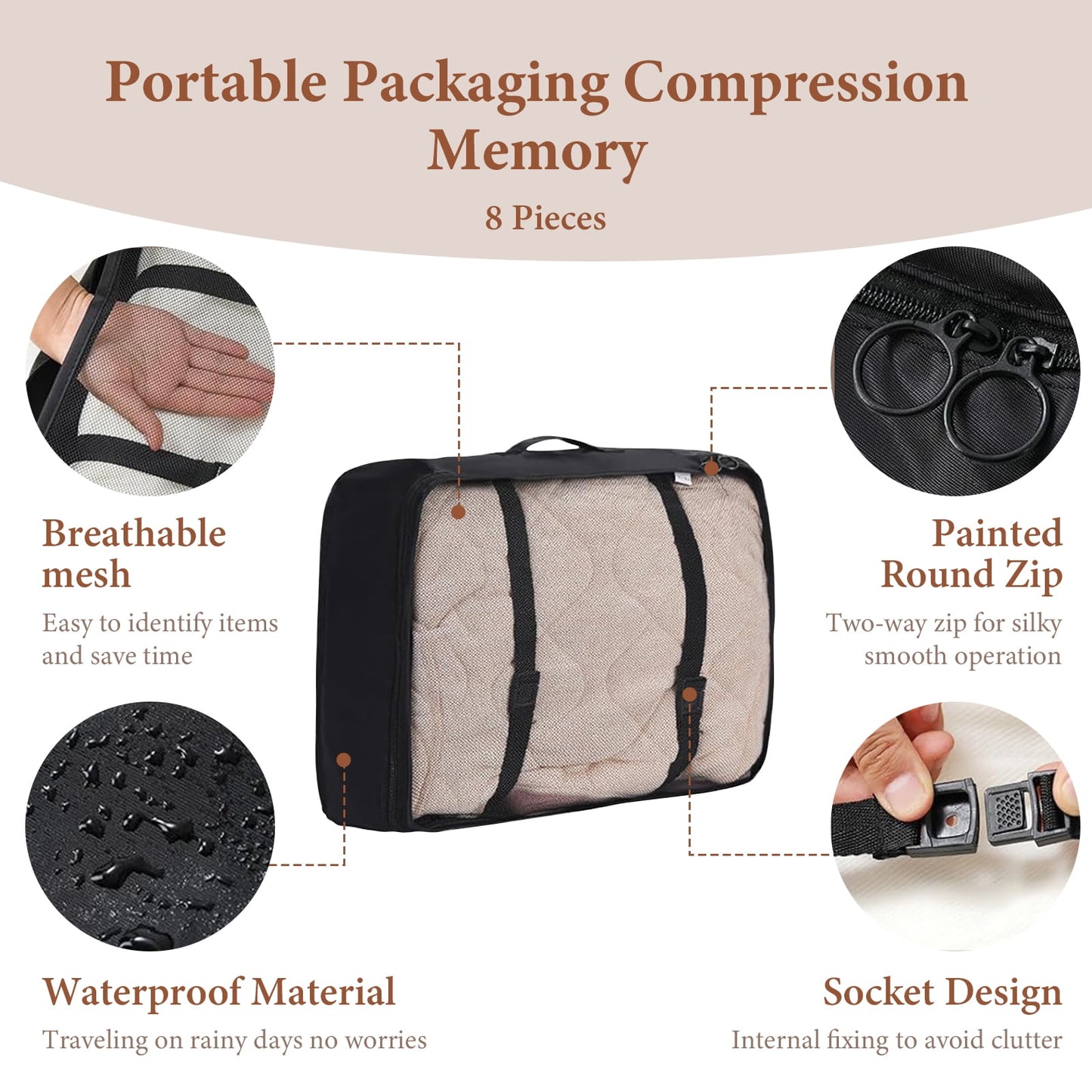 8PCS Packing Cubes for Travel, Luggage Organizer Bags for Family, Compression Pouches Clothes Suitcase, Storage Bags for Travel Accessories, Black