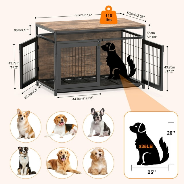 HIJOB Dog Crate Furniture, Three-Door Pet Kennel Indoor with Removable Tray, End Table for Home, Heavy Duty Wood Dog Crate House for S/M/L Size Dogs, 37.4" L, Rustic Brown
