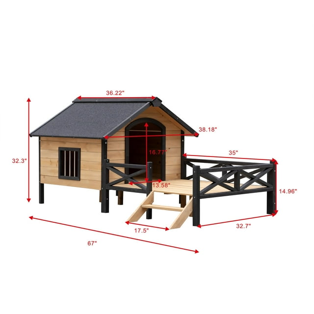 Pefilos 66" Outdoor Dog House, Large Wooden Dog Kennel with Porch, Cabin House Style Pet Houses for Cats, Brown