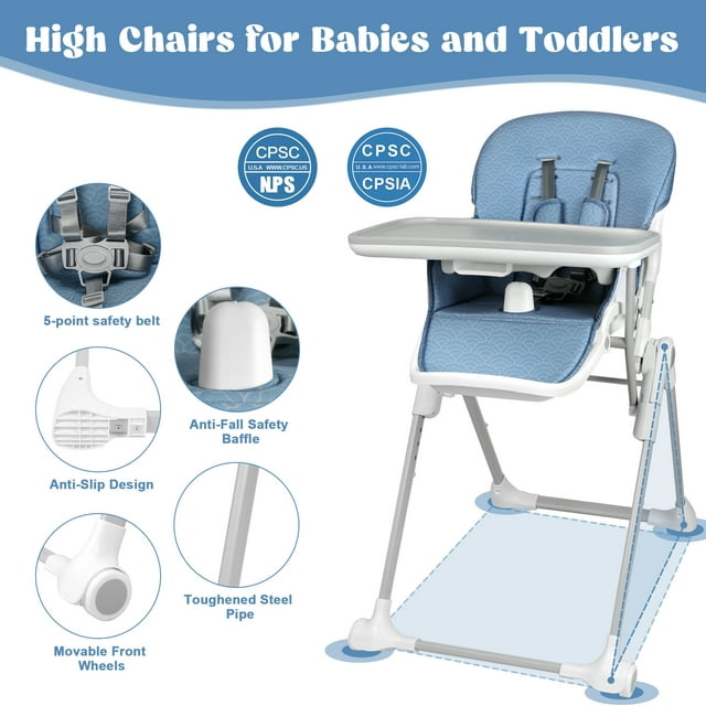 Vipuse Baby High Chair,3-in-1 Baby Feeding Chair with Wheels, Durable Cotton Seat,RemovableTray,Support Multi-Gear Adjustment,Blue