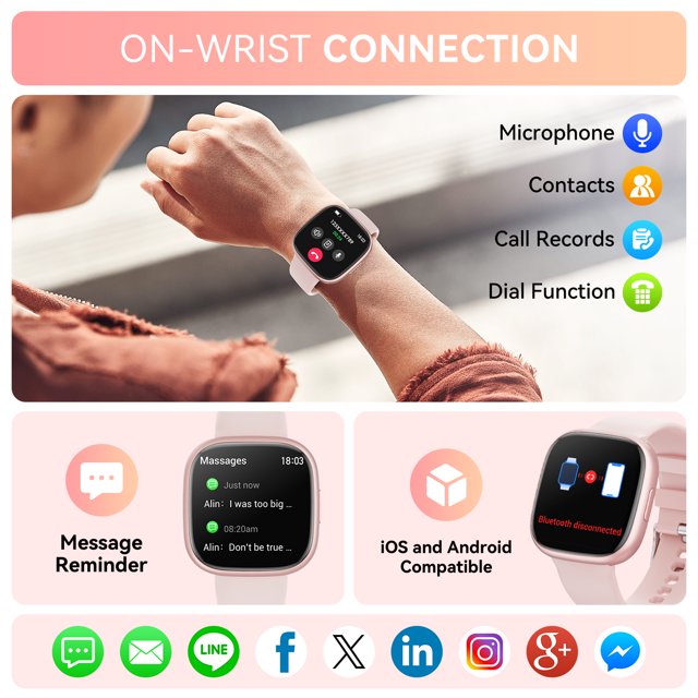 Mingwear 2025 New 1.72-inch Women's Smartwatch, Fitness Tracker with Multi-Sport Mode, Receive/Dial Calls, for Android and Iphone Devices (Metallic Pink)