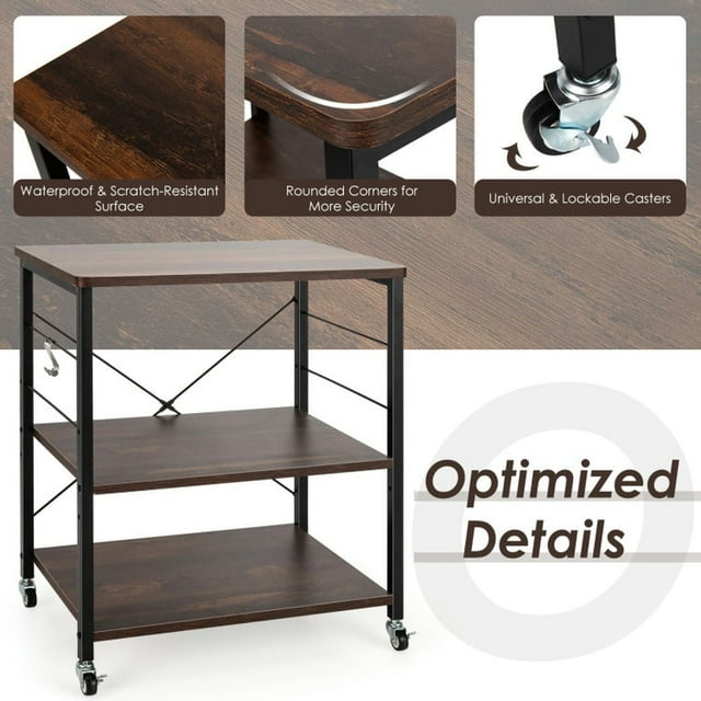 Canddidliike 3-Tier Kitchen Baker's Rack Microwave Oven Storage Cart with Hooks-Charcoal Brown, Bakers Rack Kitchen Storage Shelf