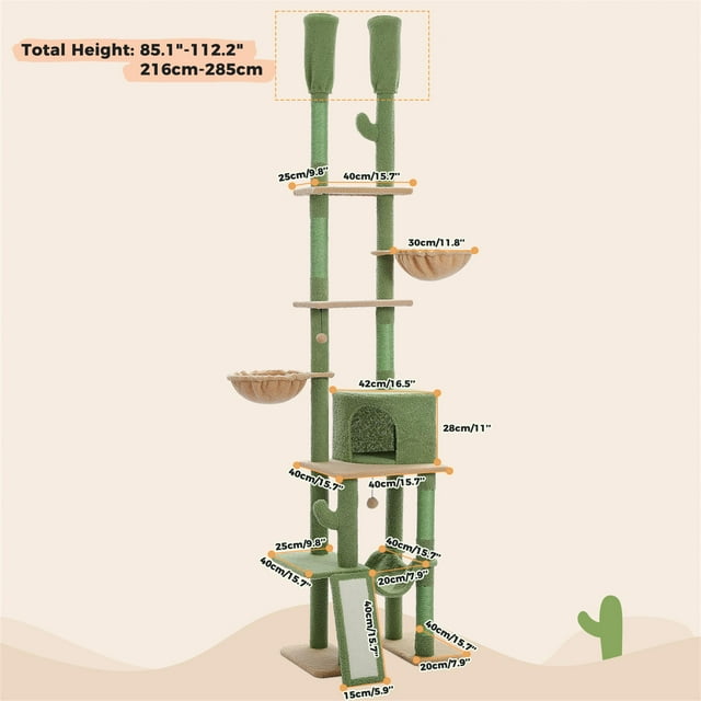 Demi Bonn Adjustable Height(85-112 in) Cat Tree Tower Floor to Ceiling with 7 Tiers Cat Climbing Activity Center, Cozy Hammocks, 5 Platforms for Indoor Cats, Green