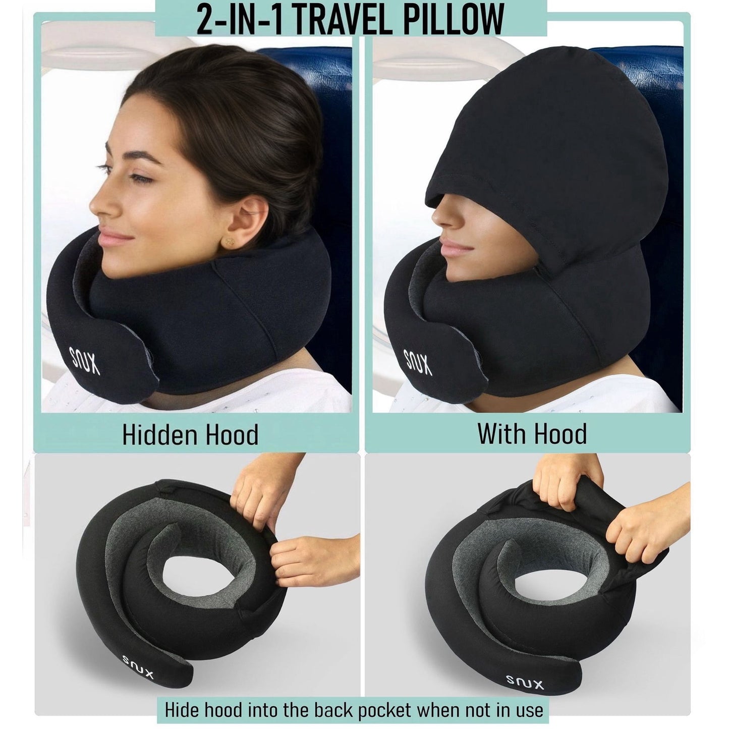 Snux Travel Neck Pillow with Hood - 360 Neck Support - Memory Foam - Hooded Travel Pillow (Black)