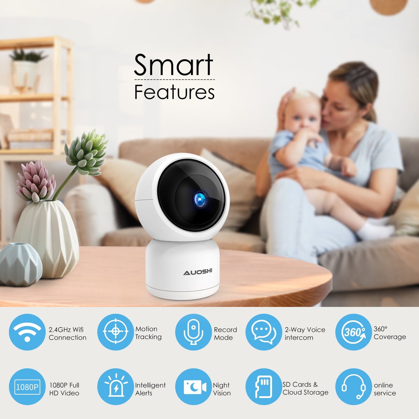 AUOSHI Video Baby Monitor with Camera and Audio, 360-Degree Smart 1080P WiFi Security Indoor Camera with Night Vision