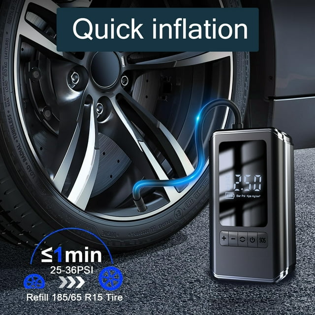 AOMBOO Tire Inflator Portable Air Compressor, for Car Tires with Automatic Shutoff, 150 PSI Digital Pressure Gauge, Emergency LED Light, Cordless and Compact Automotive Pump, Black