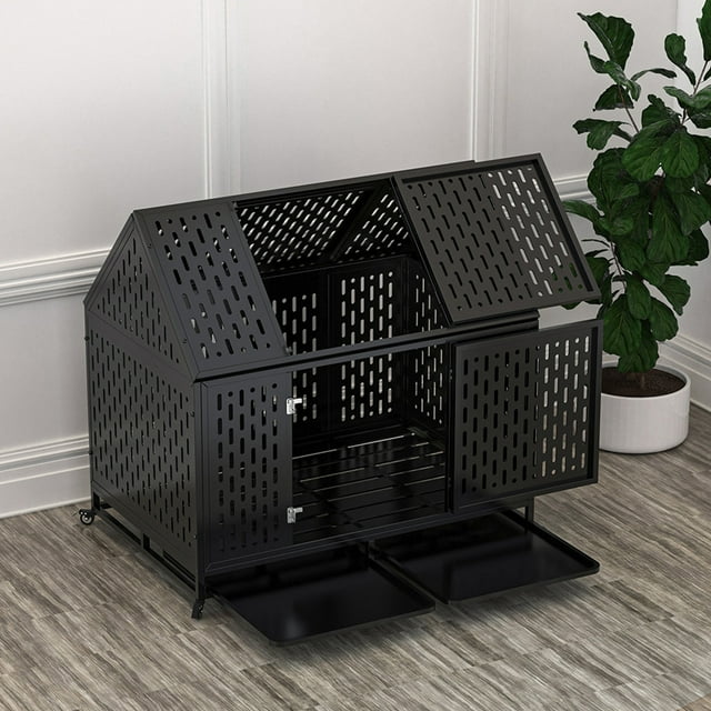 Pefilos 45" Heavy Duty Metal Dog Crate with 4 Universal Wheels, Dog Kennel for High Anxiety Large/Extra Dogs, Indoor Large Dog Cage, Black