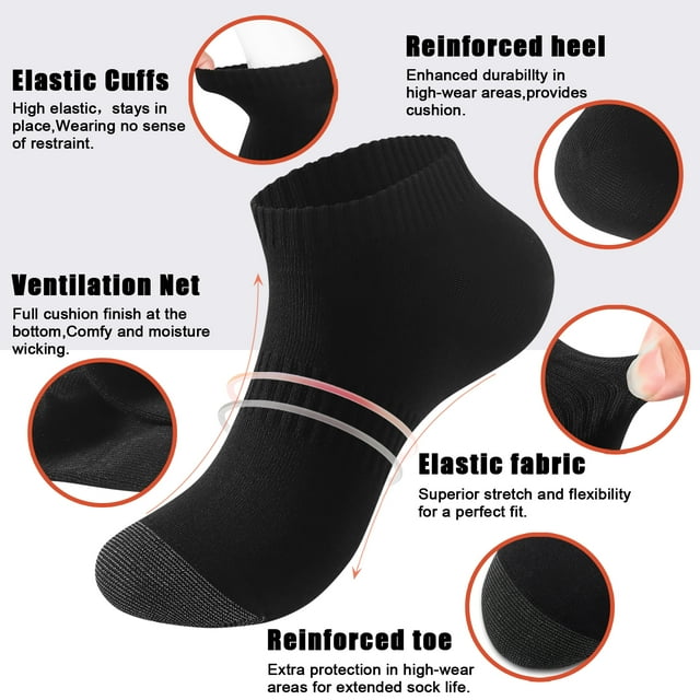 LWFBDTK Men's Low-Cut Cushion Ankle Socks - 6 Pairs, Breathable & Comfortable Casual Socks for Daily Wear (Size 6-10, Black)