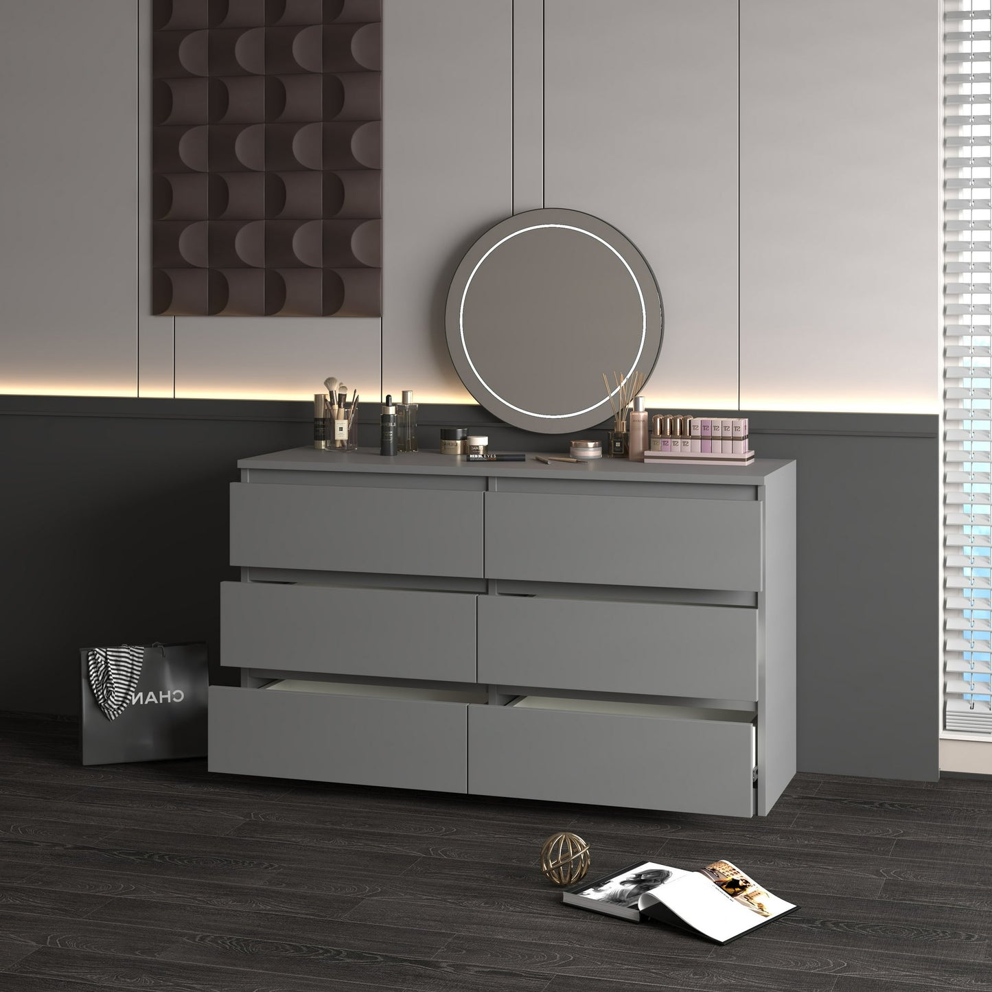 Resenkos Modern Mid Century 6 Drawer Wide Dressers Chests for Bedroom, Chest of Drawer Organizer Grey